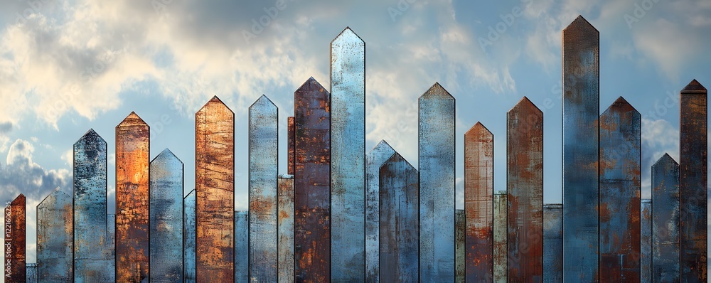 Poster a captivating series of metallic pillars showcasing various textures and colors under a dramatic sky