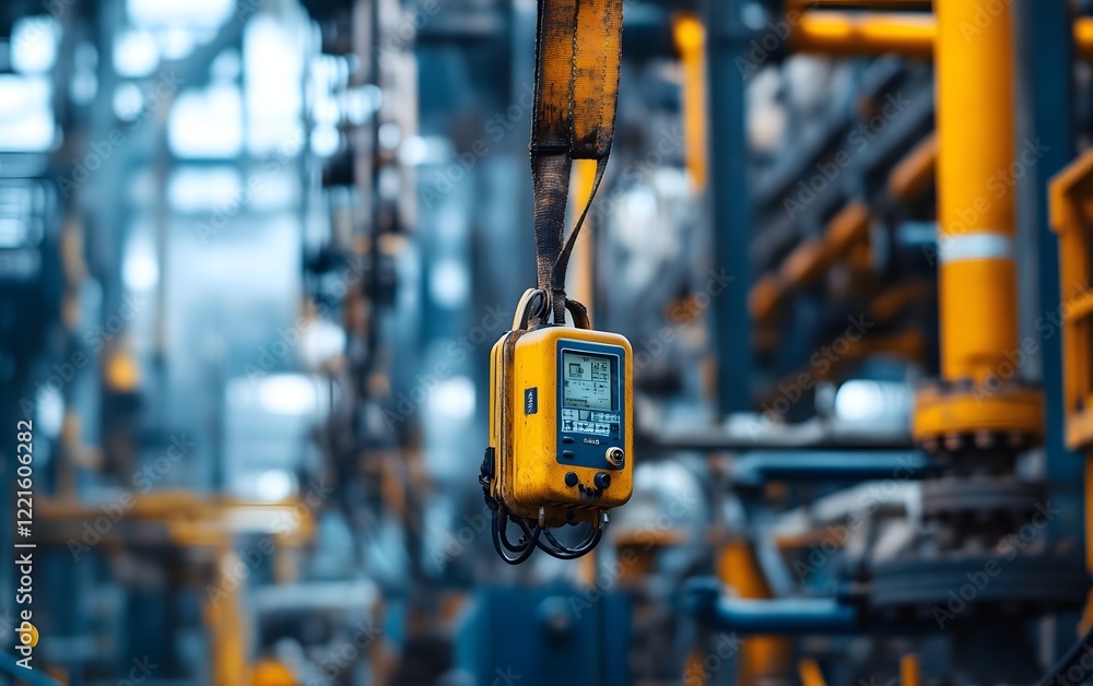 Poster a close-up image of a yellow industrial hoist scale hanging in a factory setting, showcasing a moder