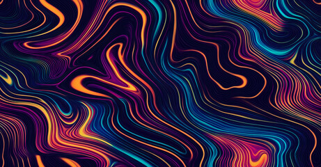 Psychedelic abstract seamless pattern with colorful fluid swirls in neon orange blue and purple gradients