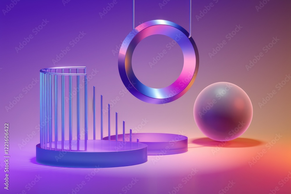 Poster abstract 3d rendering with geometric shapes and neon colors