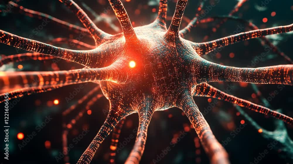 Poster detailed close-up view of a neuron showcasing its intricate structure and connections in a digital a