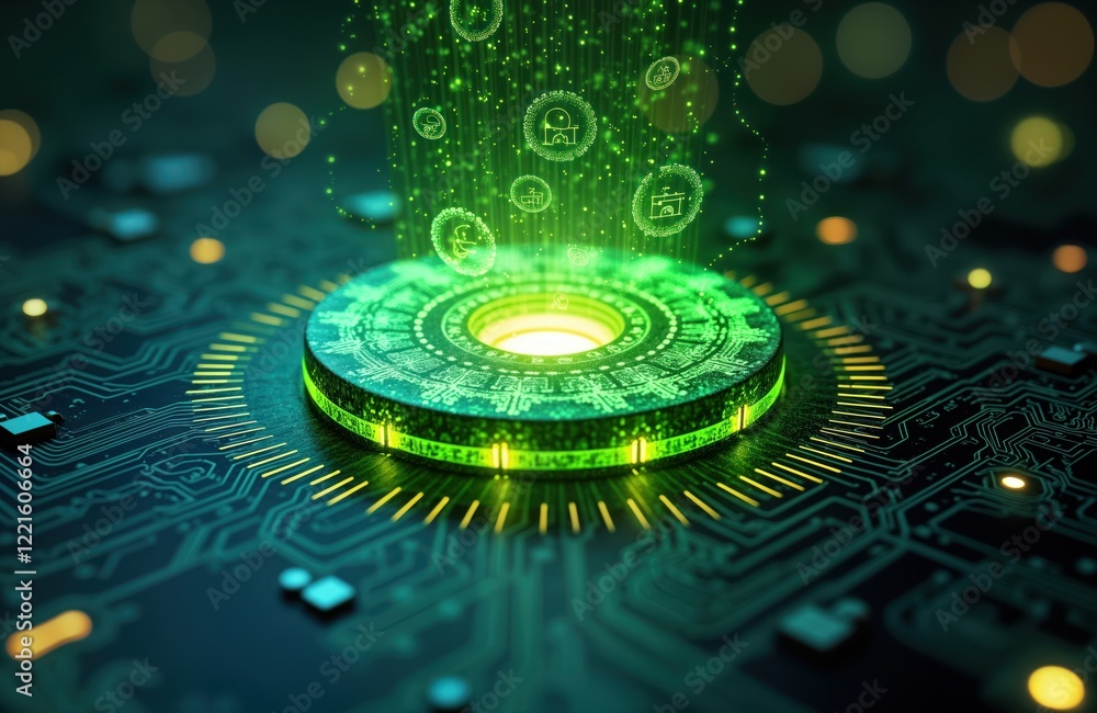 Poster futuristic quantum computing core glows vibrant green light. dynamic swirling data streams orbit aro