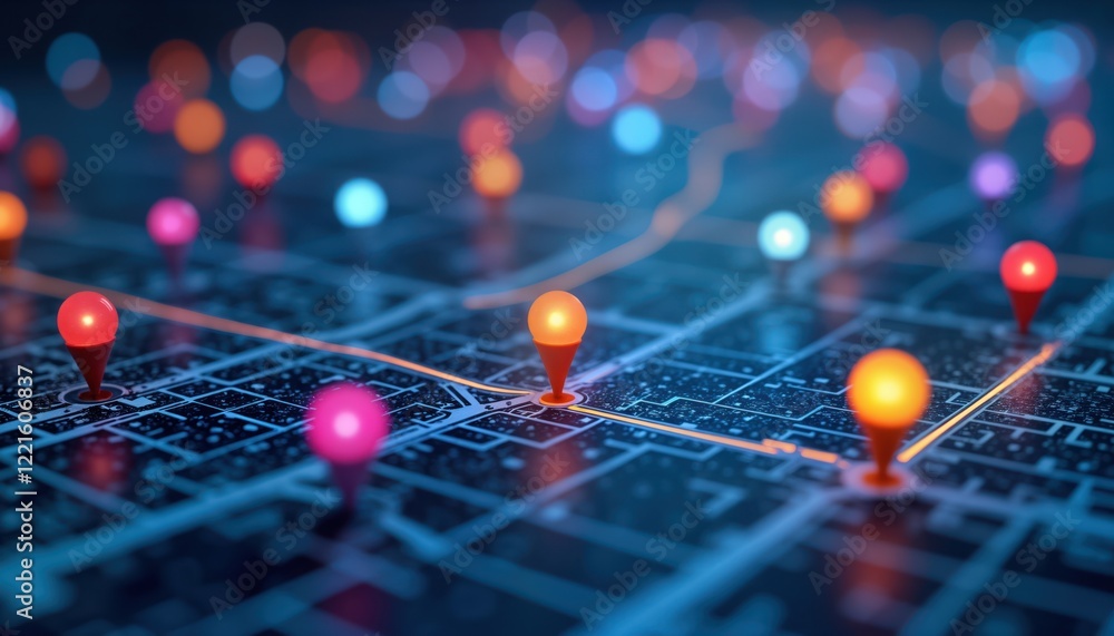 Poster futuristic tech map displays location pins showing navigation route. gps tech traces travel paths. a