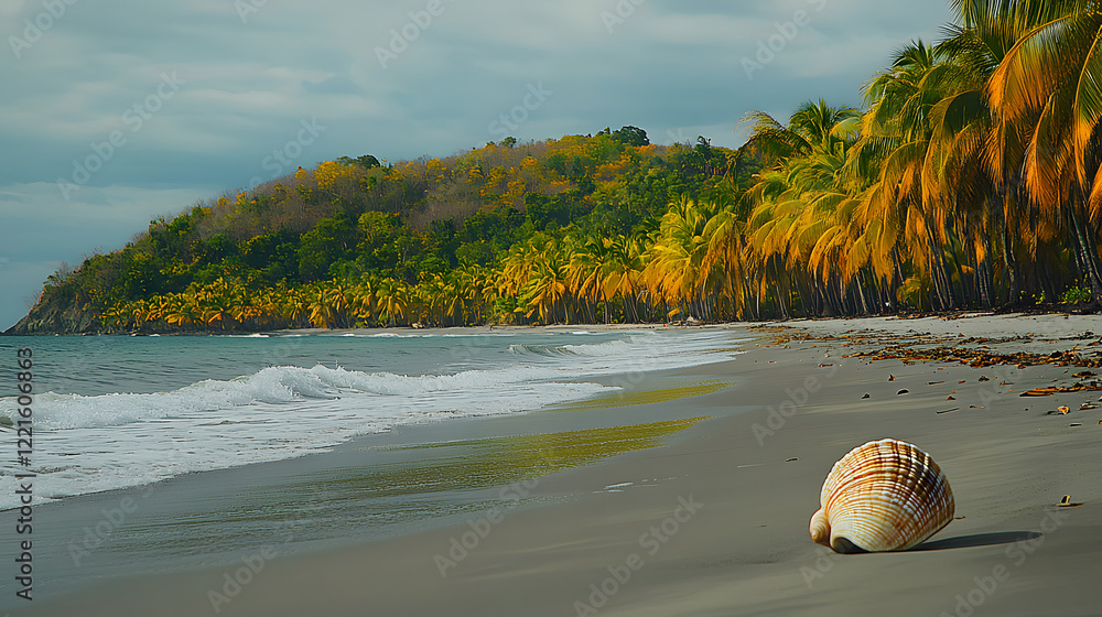 Poster a close-up view of a shell resting on sandy beach with gentle waves in the background during a sunny