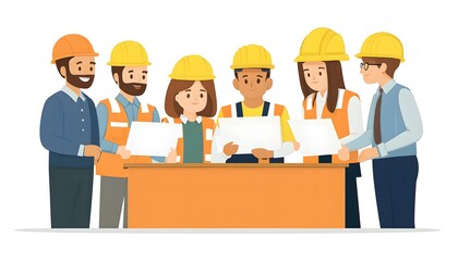 A diverse group of construction professionals collaborating on a project. They wear hard hats and safety vests, examining blueprints and discussing plans for successful execution.