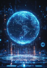 Digital blue sphere surrounded by glowing circuits and data streams