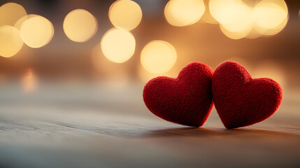 Obraz premium Two red hearts placed closely together on a wooden table surface