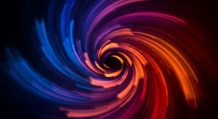 Abstract spiral motion blur. Colorful light trails, blue, red, orange, purple, dark.