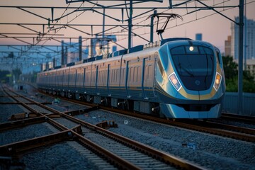 Futuristic Blue And Gold Train On Illuminated Tracks In An Urban Cityscape