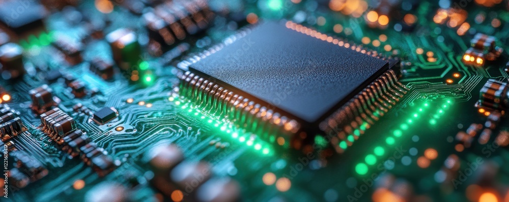 Poster close-up view of a glowing electronic circuit board with microchip