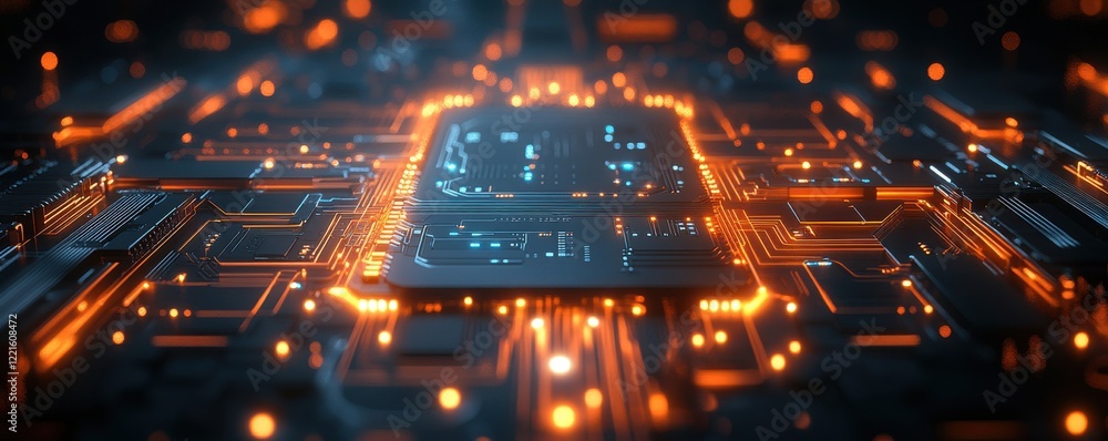 Poster close-up of a glowing intricate circuit board in a dark environment