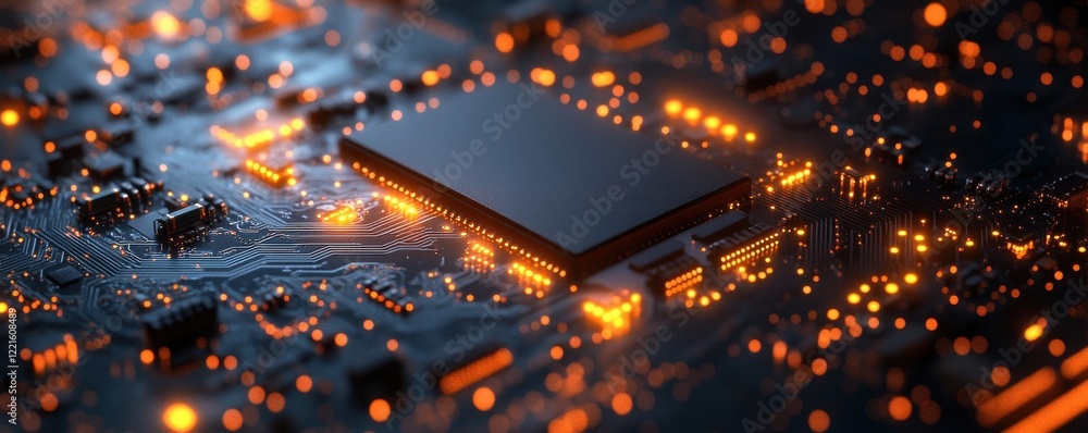 Poster close-up view of an illuminated circuit board with glowing lights