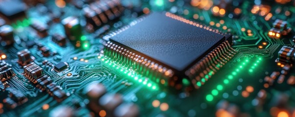 Obraz premium Close-up view of a glowing electronic circuit board with microchip