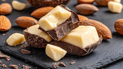 Delicious Assortment of Chocolate and Nuts on Dark Slate Background
