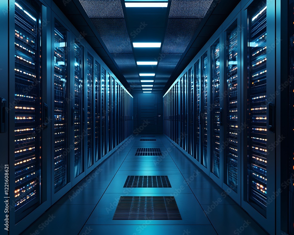 Poster a modern data center corridor lined with server racks, illuminated by blue led lights. this image ca