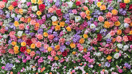 A vibrant wall of assorted flowers in full bloom showcasing various colors and types in a natural setting