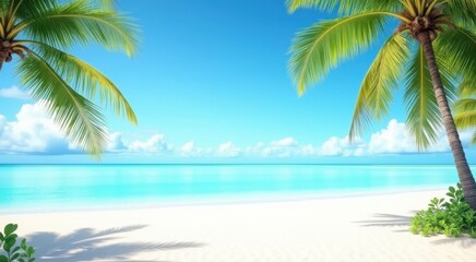 A view of a beach with palm trees and a clear blue ocean