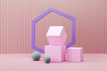 Pastel Geometric Abstraction with Hexagonal Frame and Pink Cubes