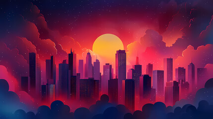 New year midnight concept. a dramatic city skyline shrouded in vibrant red and dark clouds, creating a mysterious and cinematic atmosphere. Midnight Horizon. Illustration