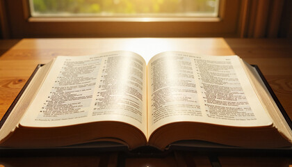 Obraz premium Open Bible on wooden table with sunlight