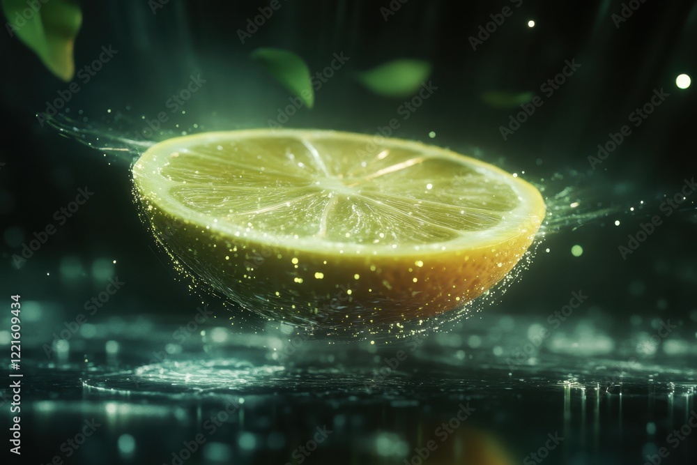 Poster fresh lemon slice floating in water with splashes and green leaves surrounding