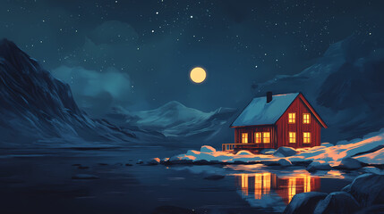 Norwegian beautiful house lit by the midnight sun, generative ai. Midnight Horizon. Illustration