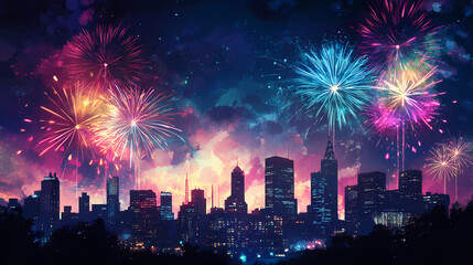 Sparkling fireworks display over city skyline at midnight, celebration, light. Midnight Horizon. Illustration