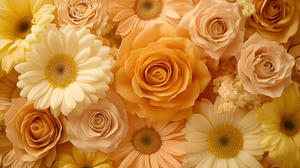 Fototapeta premium Bunch of colorful flowers arranged in a natural setting with green leaves and stems