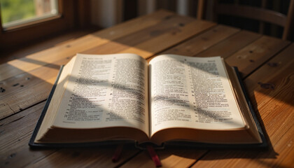 Obraz premium Bible placed on a rustic wooden table illuminated by sunlight