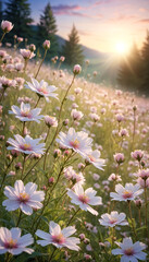 Obraz premium Flowers growing in a clearing against the background of the forest, mountains and the sun