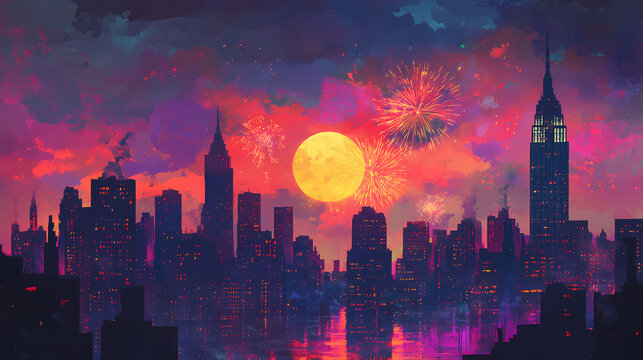 The city will be hosting an elaborate fireworks show over the skyline as the clock strikes midnight on january Midnight Horizon. Illustration