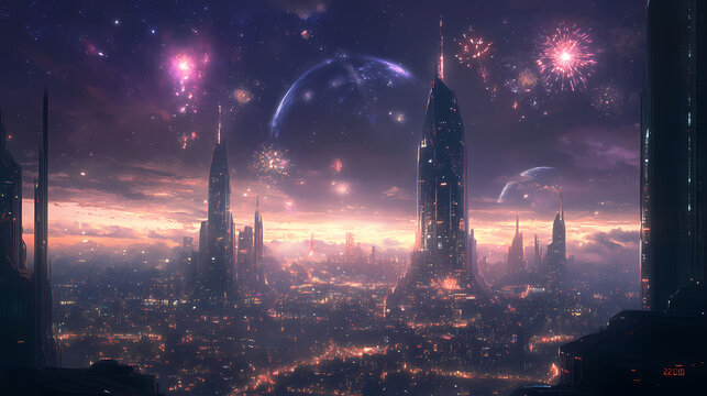 The city will be hosting an elaborate fireworks show over the skyline as the clock strikes midnight on january Midnight Horizon. Illustration