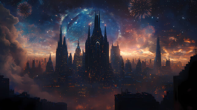 The city will be hosting an elaborate fireworks show over the skyline as the clock strikes midnight on january Midnight Horizon. Illustration