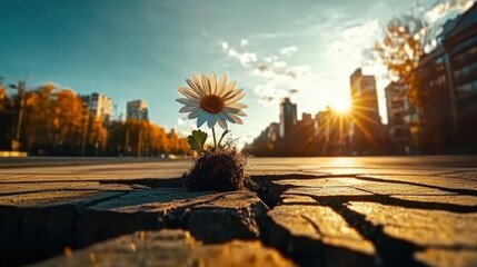 Obraz premium A solitary daisy flower emerges triumphantly from cracked asphalt, representing hope and beauty in urban life, illuminated by the warm glow of a setting sun in the background.