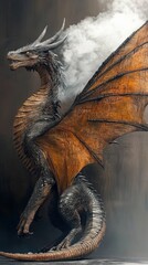 Obraz premium A striking black dragon with magnificent wings exhales smoke. This mythical creature stands proud, showcasing its textured scales and powerful design in stunning detail.