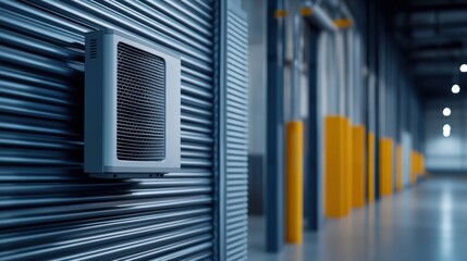 Fototapeta premium Modern Air Conditioning Unit Mounted on Metallic Wall in Industrial Building Interior with Minimalistic Design