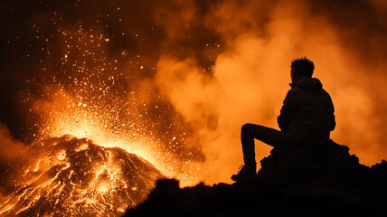 Silhouette Of A Person Observing A Volcanic Eruption At Night