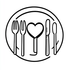 Fototapeta premium Heart-shaped food on plate with cutlery. Romantic dinner, restaurant illustration