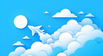  an airplane flying through a blue sky with clouds and a sun, using white and light grey colors