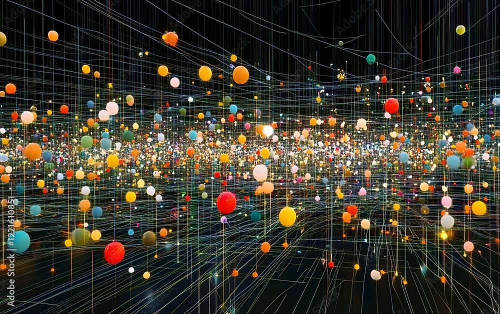 Aufkleber a vibrant abstract representation of particles in motion through a dark space.