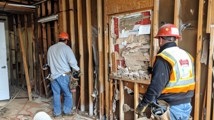Fototapeta premium Repair specialists working on storm damage in residential area