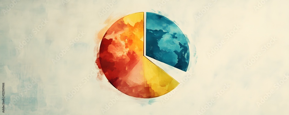 Poster a vibrant pie chart with watercolor textures representing data visualization.