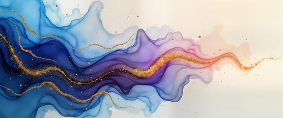 Abstract art piece with flowing colours. Blue violet, gold colours combined in marble pattern. Alcohol ink technique creates dynamic texture resembling liquid landscape. Gold glitter adds touch of
