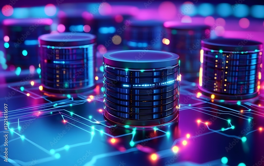 Poster a vivid representation of digital data storage, featuring illuminated servers interconnected by glow