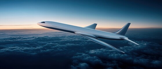 Naklejka premium Sleek White Concept Aircraft Flying Above Clouds at Sunset Overlooking a Calm Horizon