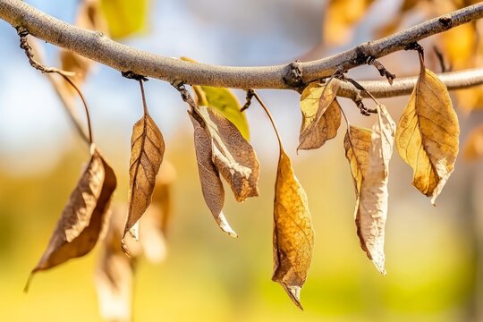 Fragile dried leaves hanging on a tree branch in autumn