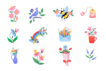 Naklejka premium Set of colorful spring elements with flowers, plants and insects