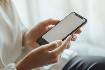 A person is holding a smartphone displaying a blank white screen, emphasizing technology and connectivity in everyday life.