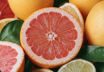 Closeup of a juicy grapefruit slice surrounded by other citrus fruits