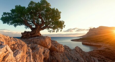 Fototapeta premium Lonely tree on a cliff overlooking the ocean at sunset